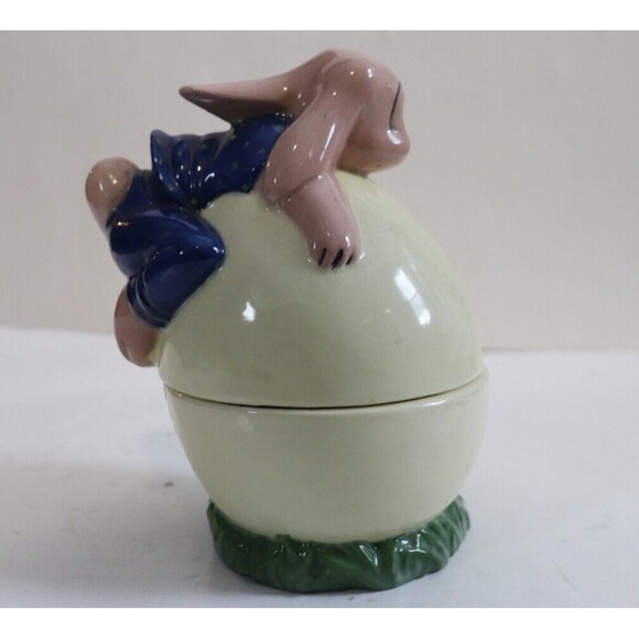 Ceramic Bunny Rabbit Egg Canister Lid Trinket Dish Signed AF - Picture 3 of 7